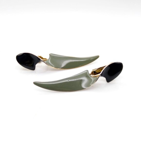 Grey and Black Classy Earrings, Vintage Sleek and Stylish Enamel Drop Clip Ons - Picture 2 of 4